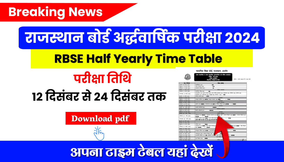 RBSE Half Yearly Exam Time Table 2024